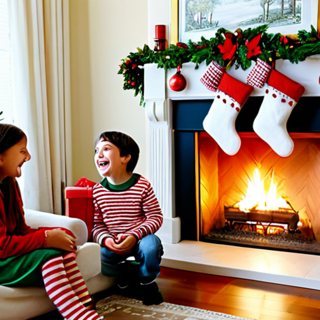 **
"A family-friendly scene depicting a cozy living room during Christmas. A handcrafted, red and green Christmas stocking hangs by the fireplace, adorned with white wool designs. Children, fully clothed in warm, modest winter attire, gather around it with excited expressions. The room is decorated with a Christmas tree and other festive decorations. Safe for work, appropriate content, perfect anatomy, natural proportions, professional holiday photography, high quality."
**