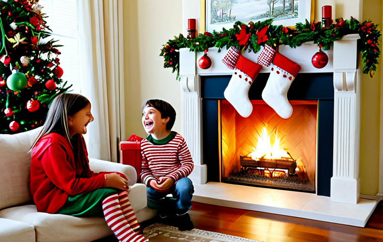 **
"A family-friendly scene depicting a cozy living room during Christmas. A handcrafted, red and green Christmas stocking hangs by the fireplace, adorned with white wool designs. Children, fully clothed in warm, modest winter attire, gather around it with excited expressions. The room is decorated with a Christmas tree and other festive decorations. Safe for work, appropriate content, perfect anatomy, natural proportions, professional holiday photography, high quality."
**