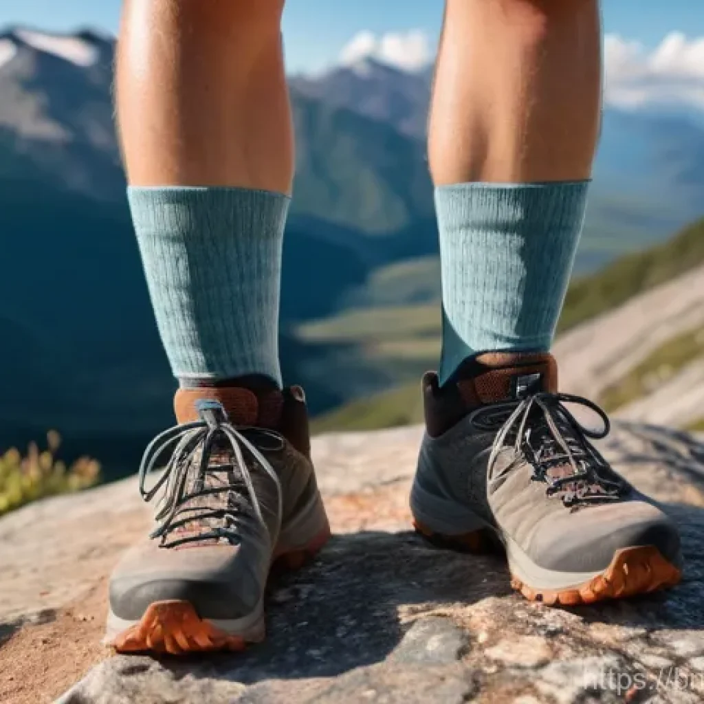 등산화와 궁합이 좋은 양말 - A close-up shot of a hiker's lower legs and feet on a picturesque mountain trail during daylight. On...