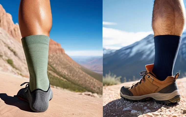 등산화와 궁합이 좋은 양말 - A close-up shot of a hiker's lower legs and feet on a picturesque mountain trail during daylight. On... 등산화와 궁합이 좋은 양말 - A close-up shot of a hiker's lower legs and feet on a picturesque mountain trail during daylight. On...