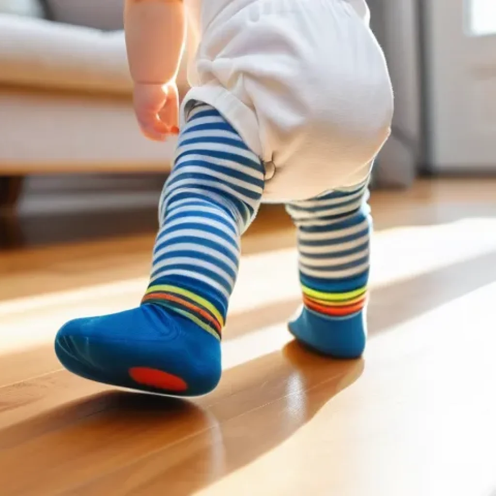 슬립 방지 고무 양말 추천 - "A joyful toddler, wearing a clean, white diaper and vibrant, striped anti-slip socks with clearly v...
