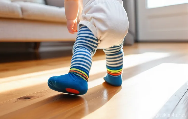 슬립 방지 고무 양말 추천 - "A joyful toddler, wearing a clean, white diaper and vibrant, striped anti-slip socks with clearly v...