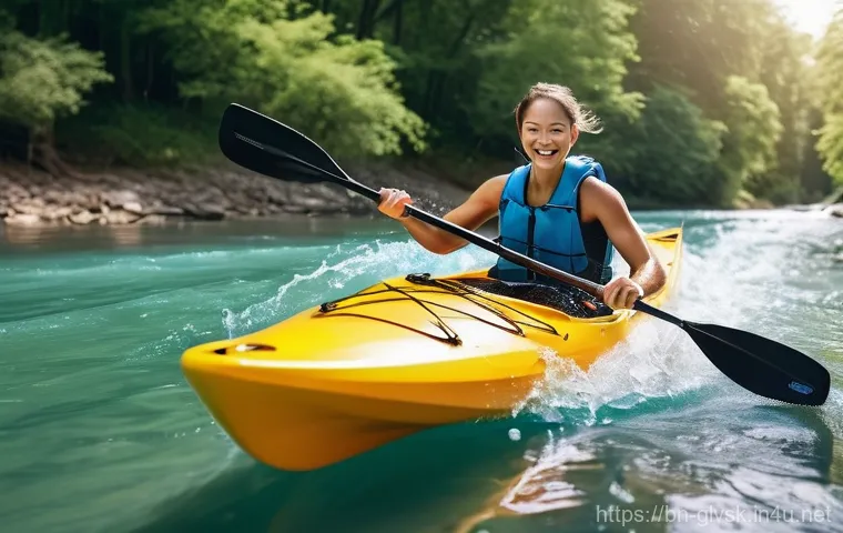 물놀이 전용 방수 양말 - **Vibrant Kayaking Adventure with Dry Feet:** A dynamic, sun-drenched shot of a young adult (male or...
