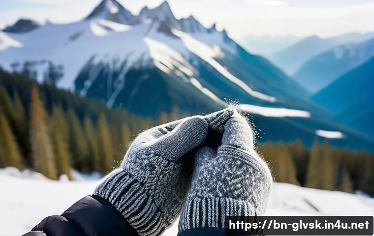 등산 장갑 소재별 특징 - **Prompt 1: Wool's Comfort in Snowy Peaks**
A close-up, highly detailed photograph of a hiker's ...